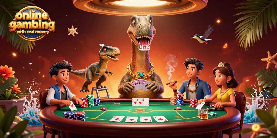 Engage in online gambling with real money at a vibrant casino illustrated with dinosaurs.
