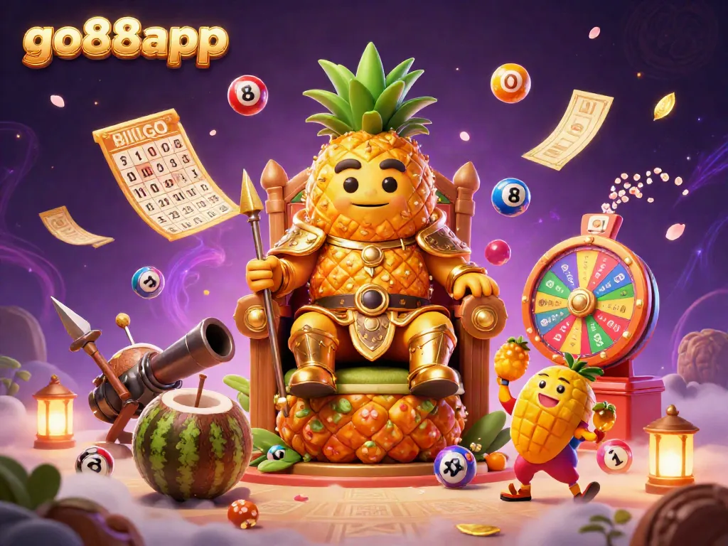 Experience the thrill of go88app with a golden pineapple king and vibrant gaming elements in a dynamic casino scene.