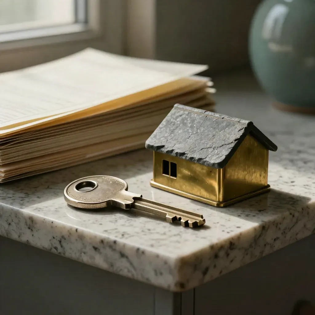 Huissleutel, daksteen en messing paperweight op travertin met donkere bokeh.