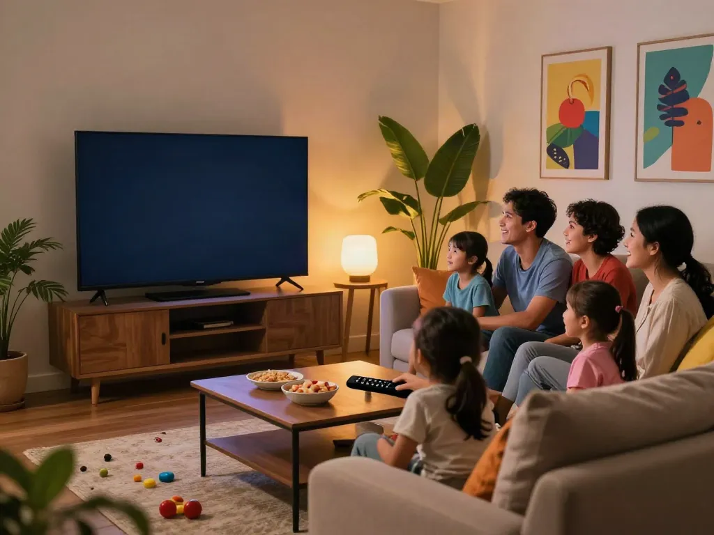 Family watching content from pikashowpro.app on TV in a cozy living room.