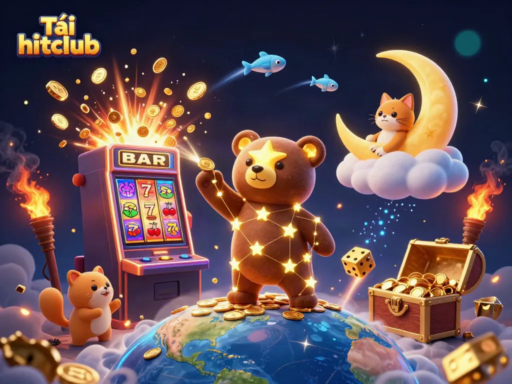 Tải hitclub while scooping coins from Earth in a vibrant casino-themed illustration with stars and lucky symbols.