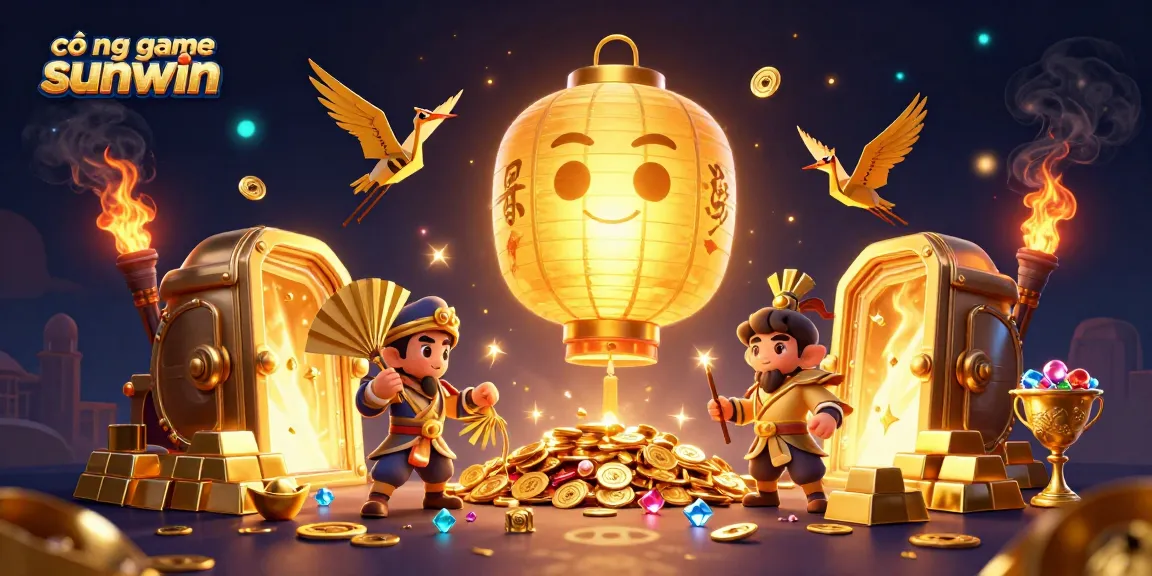 Experience luck at cổng game sunwin with golden treasures and joyful characters in this vibrant casino scene.