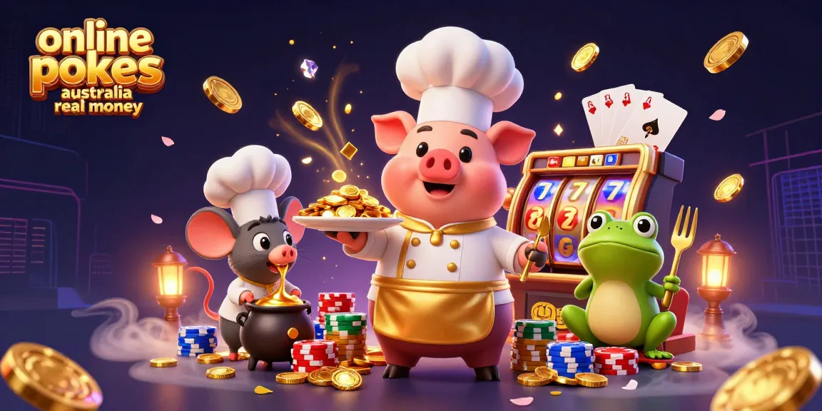 Spin and win with online pokies Australia real money in a vibrant 3D casino scene featuring a pig chef.